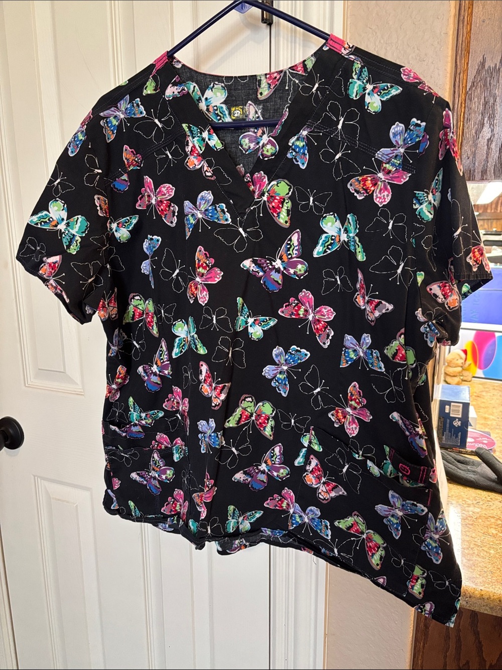 Black Butterfly Print Scrub Top